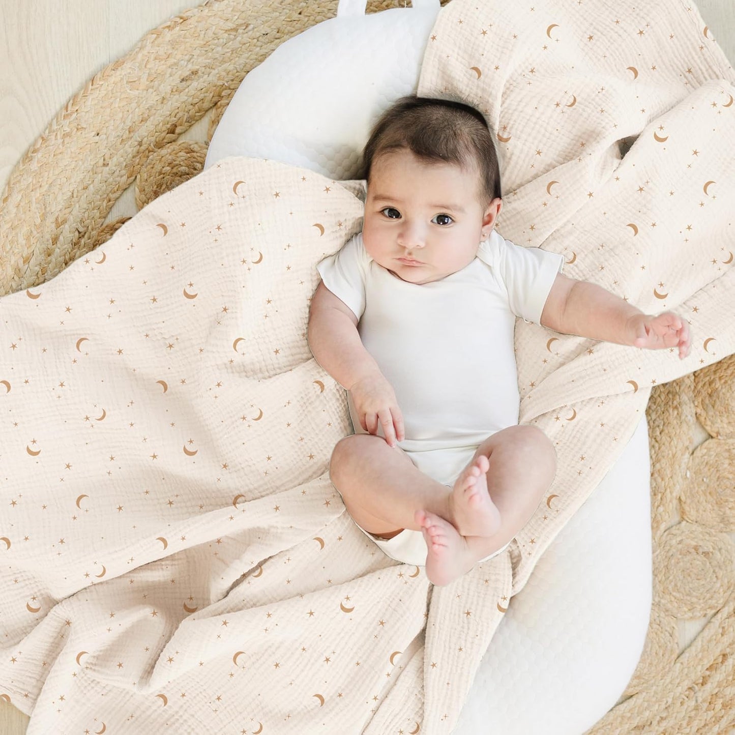 Konssy Muslin Swaddle Blankets for Girls Boys, 2 Pack Receiving Baby Blanket Large 47 x 47 inches, Soft Breathable Swaddling Wrap for Unisex Newborn (Coffee Check,Moon)
