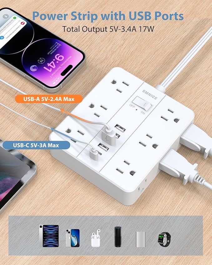 Surge Protector Power Strip 15 Ft Extension Cord, 12 Widely Spaced Outlets 6 USB (2 USB C) Ports, Ultra Thin Flat Plug Surge Protection for Home, Office, Dorm Room Essentials