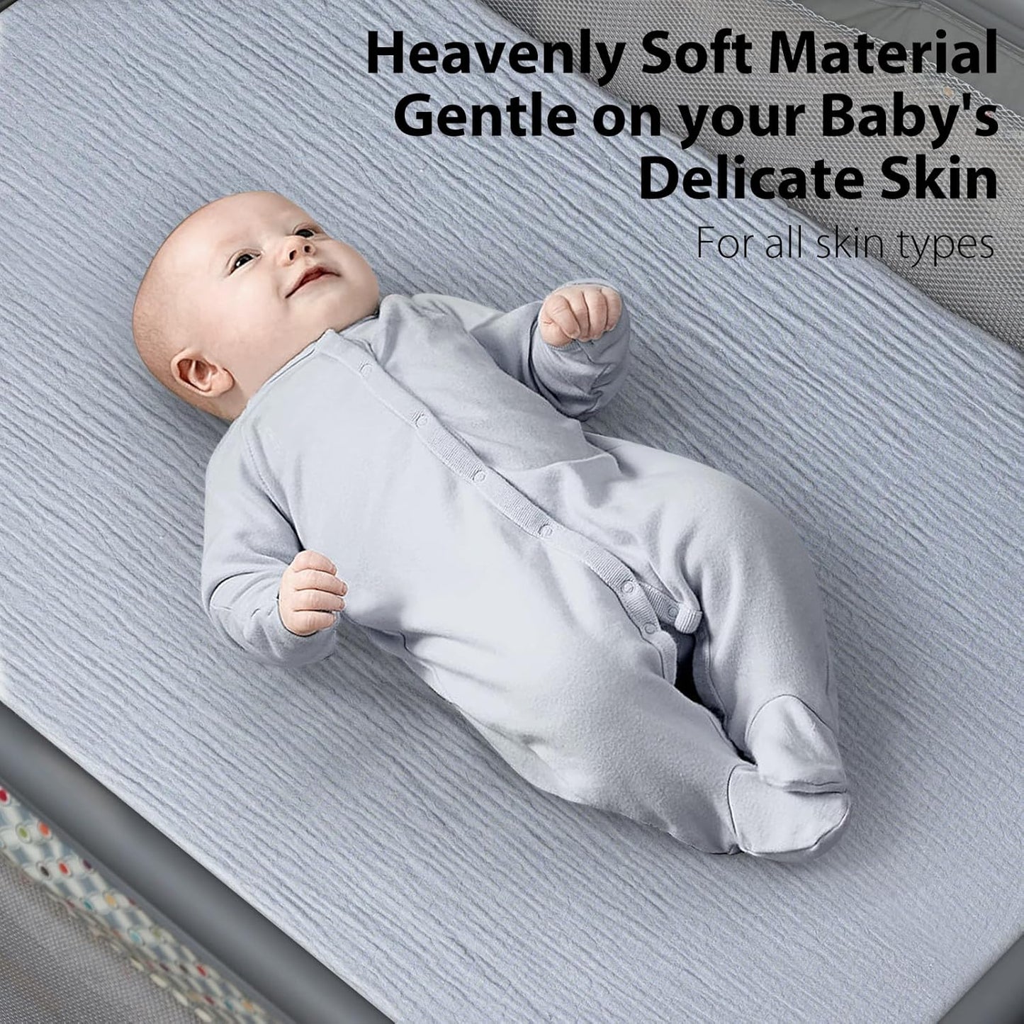 2 Pack Soft Muslin Baby Mini Crib Sheets, 100% Cotton Breathable Double Layer Fitted Sheets for Mini Crib and Pack N Play Mattresses 24x38 Inches, for Baby Girls and Boys (Beige & Grey