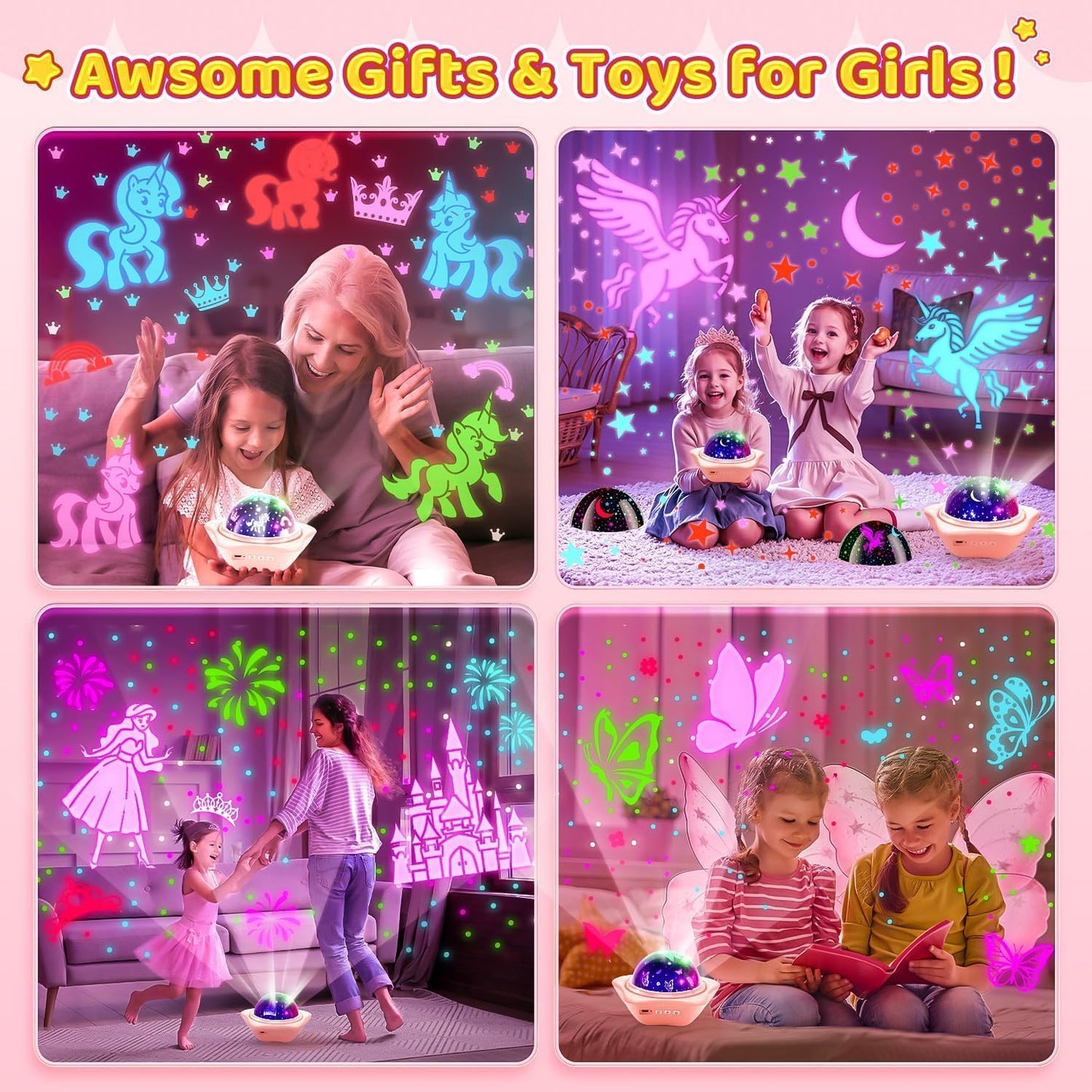Onefire Girl Gifts, 6 Films Light Projector Unicorn Toys for Girls Age 4-6,Rechargeable Night Lights for Bedroom,360° Rotating Butterfly Lamp for Room Decor,Mermaid Princess Toddler Toys Toddler Gifts