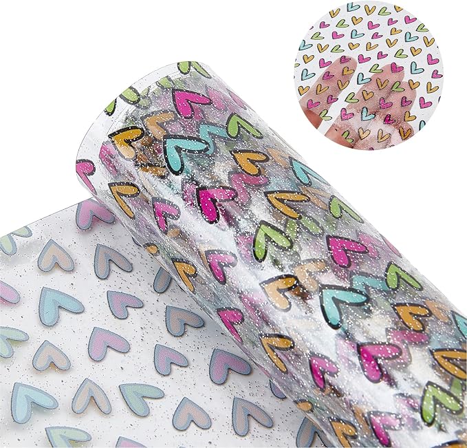 Heart Printed TPU Jelly Faux Leather Fabrics, 11.8 x 47.2 Inch Clear TPU Vinyl