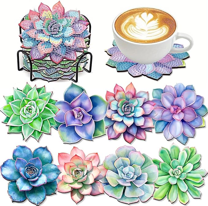 Clendo 8 Pcs Succulent Diamond Art Coasters Kit