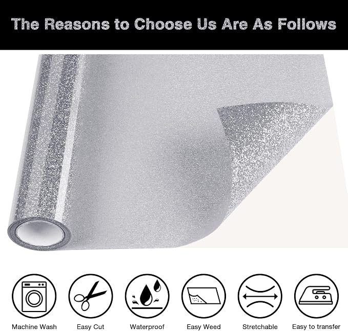 Silver Glitter HTV Heat Transfer Vinyl Roll 12inch x 5 ft