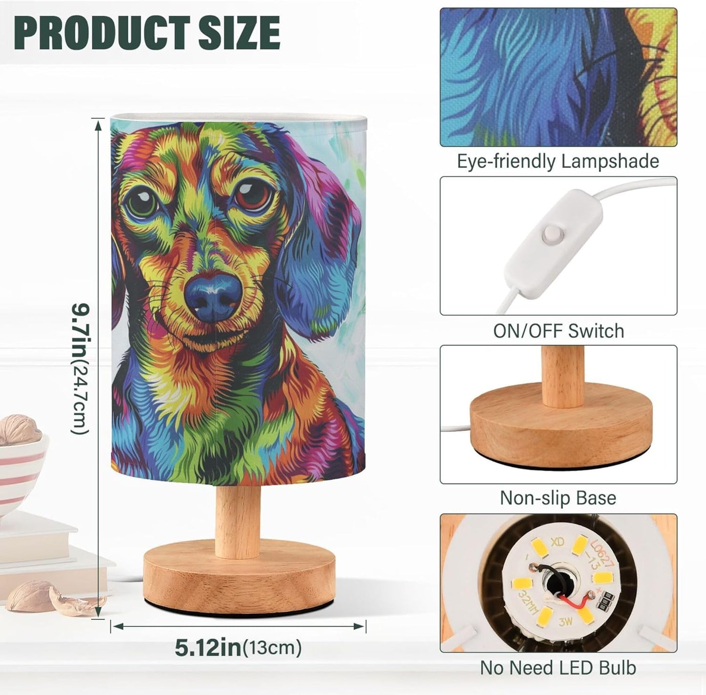 Table Lamp Colorful Dachshund Puppy Nightstand Lamp with Wood Base Fabric Lamp Shade Bedside Desk Lamp for Living Room Bedroom Kids Room Office