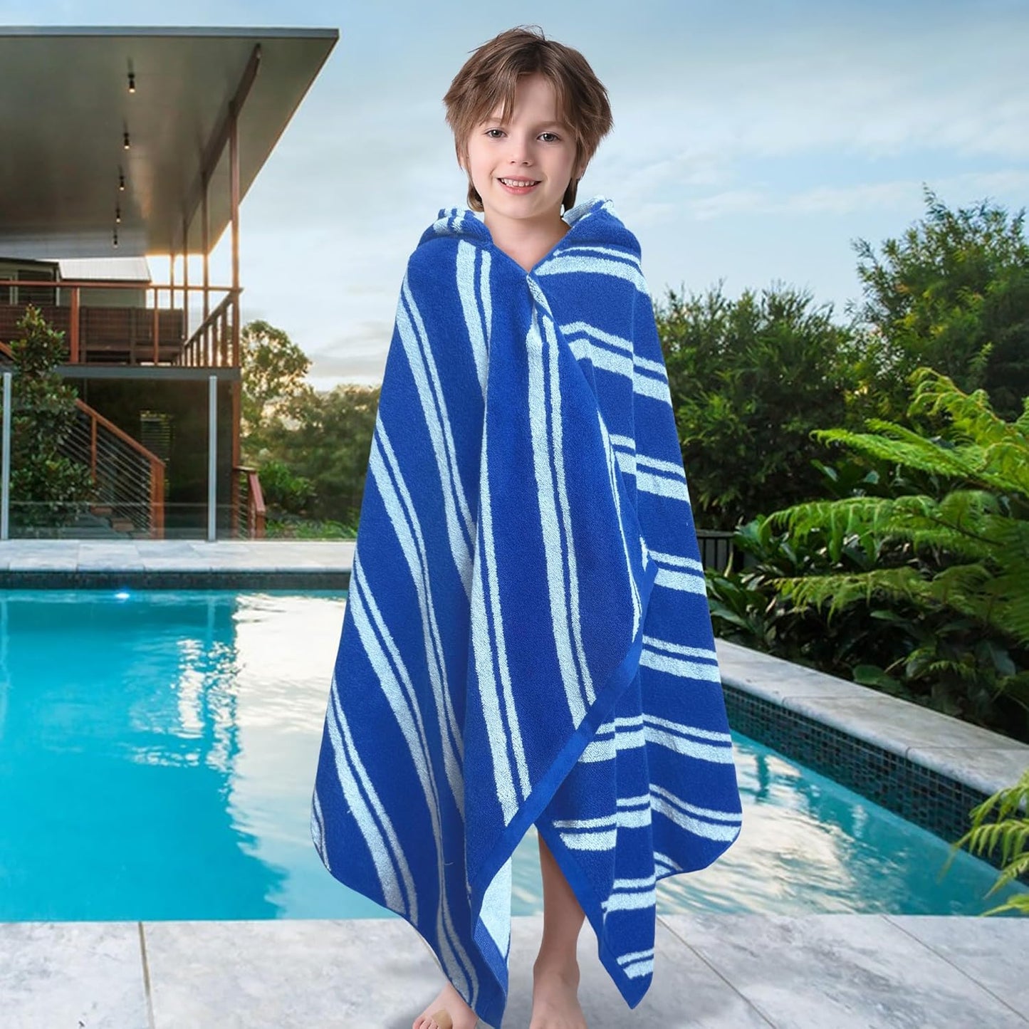 VOOVA & MOVAS Hooded Bath Towels for Kids (3-10Years,27.5"x55"),100% Cotton Absorbent Soft Towel Wrap for Toddler Boys,Perfect for Bathroom | Pool | Beach | Swimming, Jacquard Blue Stripe