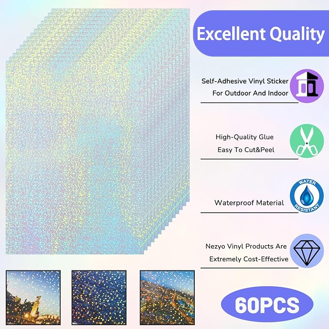 60 Sheets Holographic Laminate Sheets Clear Glitter A4 Size Vinyl Sticker Paper