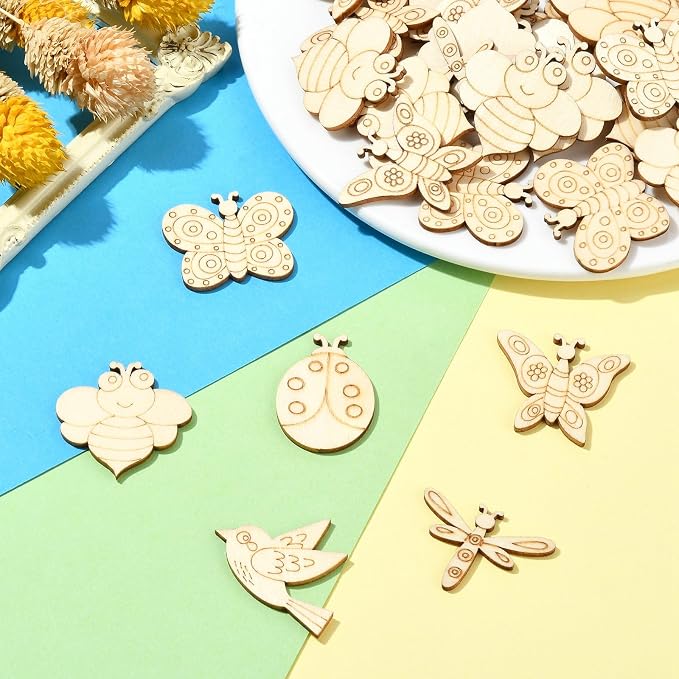200 Pcs Unfinished Wooden Cutouts Insect Butterfly Bird Shapes Wooden Craft
