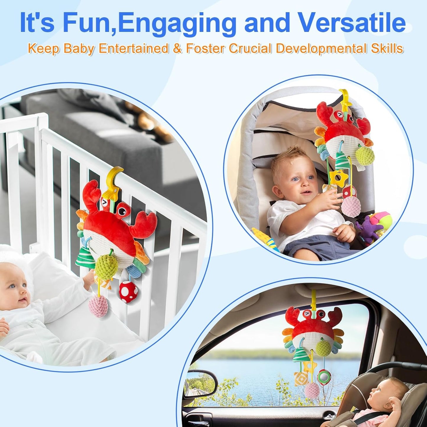 Car Seat Toy for Babies 0-6 Months, Stroller Toy with a Convenient clip, Carseat Toys Hanging Baby Accessories,Built-In Bell, Rattle,Squeaky,Mirror for infant,Babies Gift 0-3-6-12 months Boy Girl