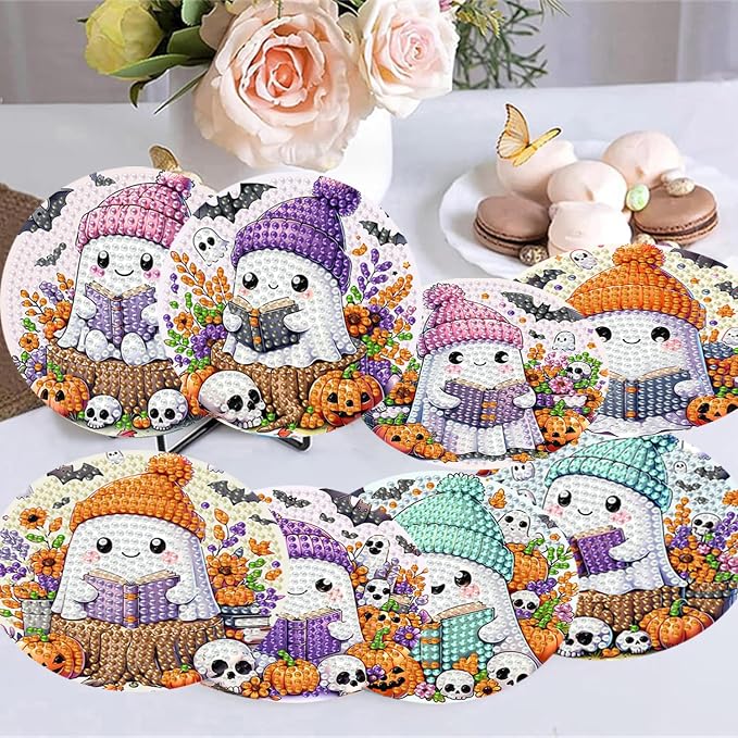 8 Pack Diamond Art Coasters, Halloween Ghost Diamond Painting Coasters Kits |