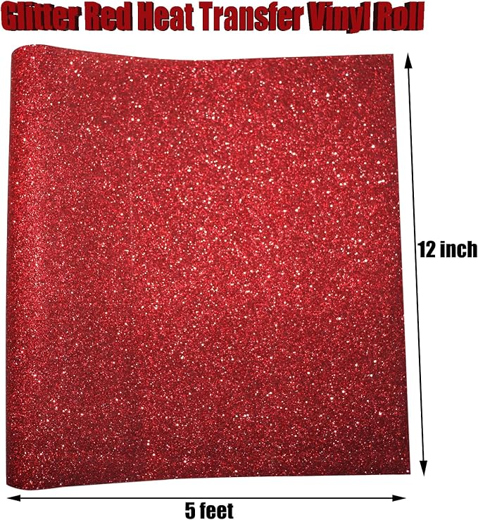Glitter Red Heat Transfer Vinyl Red HTV Vinyl Roll 12 x 5 Feet Iron on Vinyl