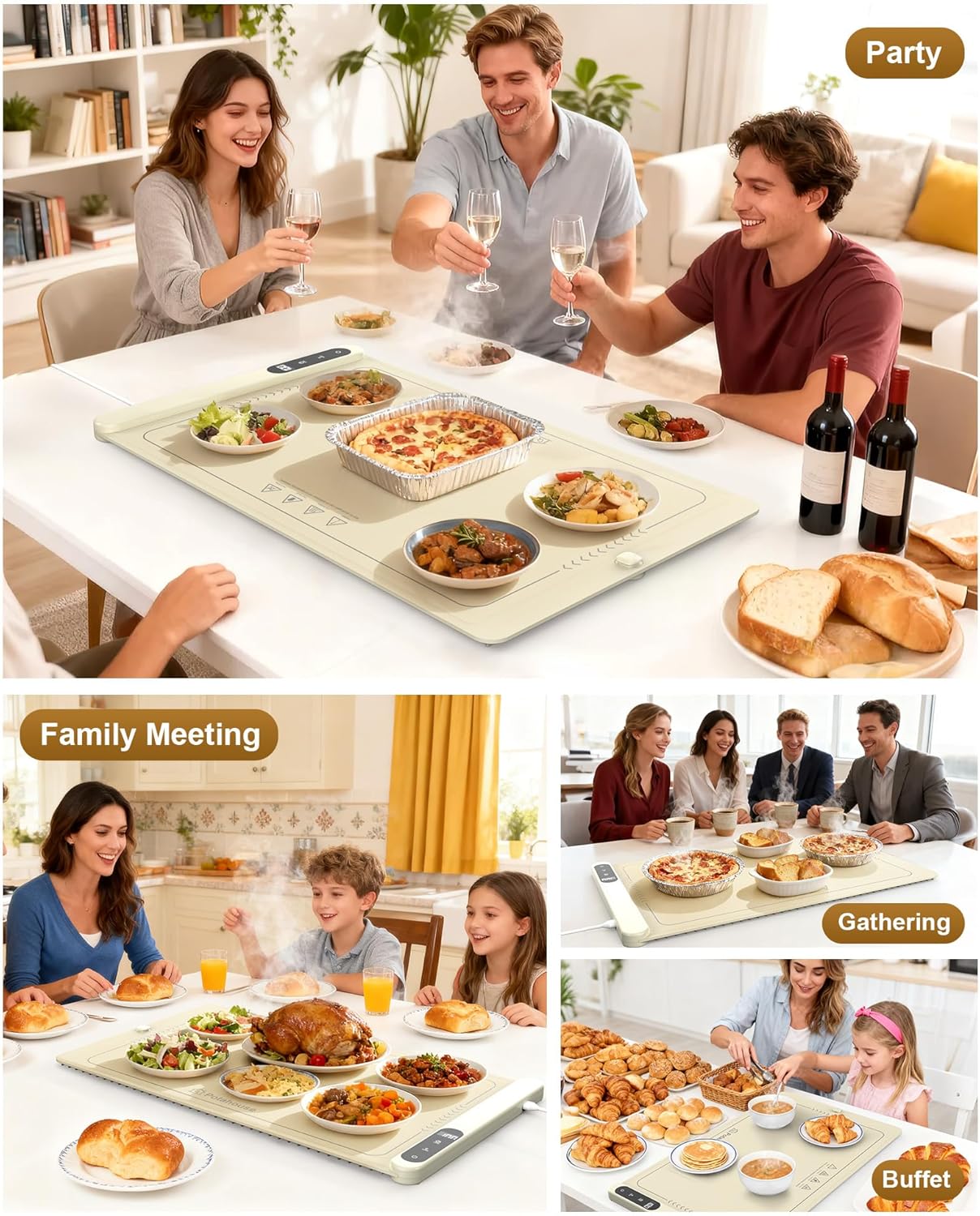 Potahouse® Warming Mat for Food, Graphene Full-Surface Fast Heating, Electric Warming Tray with 6 Temp & Timer Settings, Rollable & Portable Silicone Food Warmer for Parties, Home and Travel, Apricot