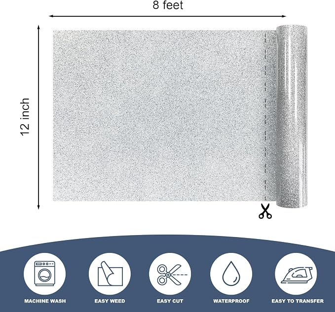 Silver Glitter Heat Transfer Vinyl 12" x 8 ft HTV