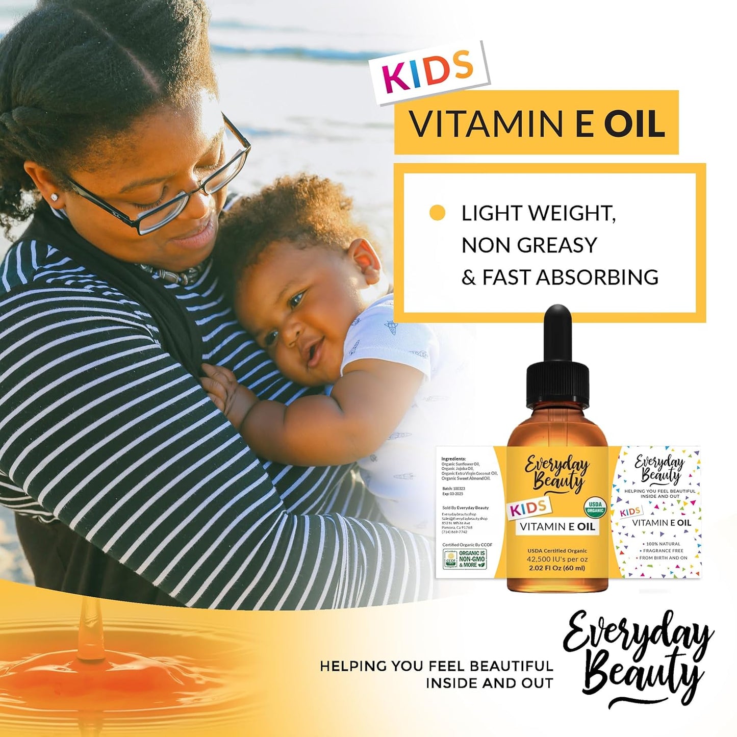 Organic Vitamin E Oil - Nourishing Baby Massage Oil for Moisturizing Dry Skin - Fragrance Free & All Natural Plant Based, Lightweight Gentle Blend - 2.02 fl oz Glass Bottle With Glass Dropper