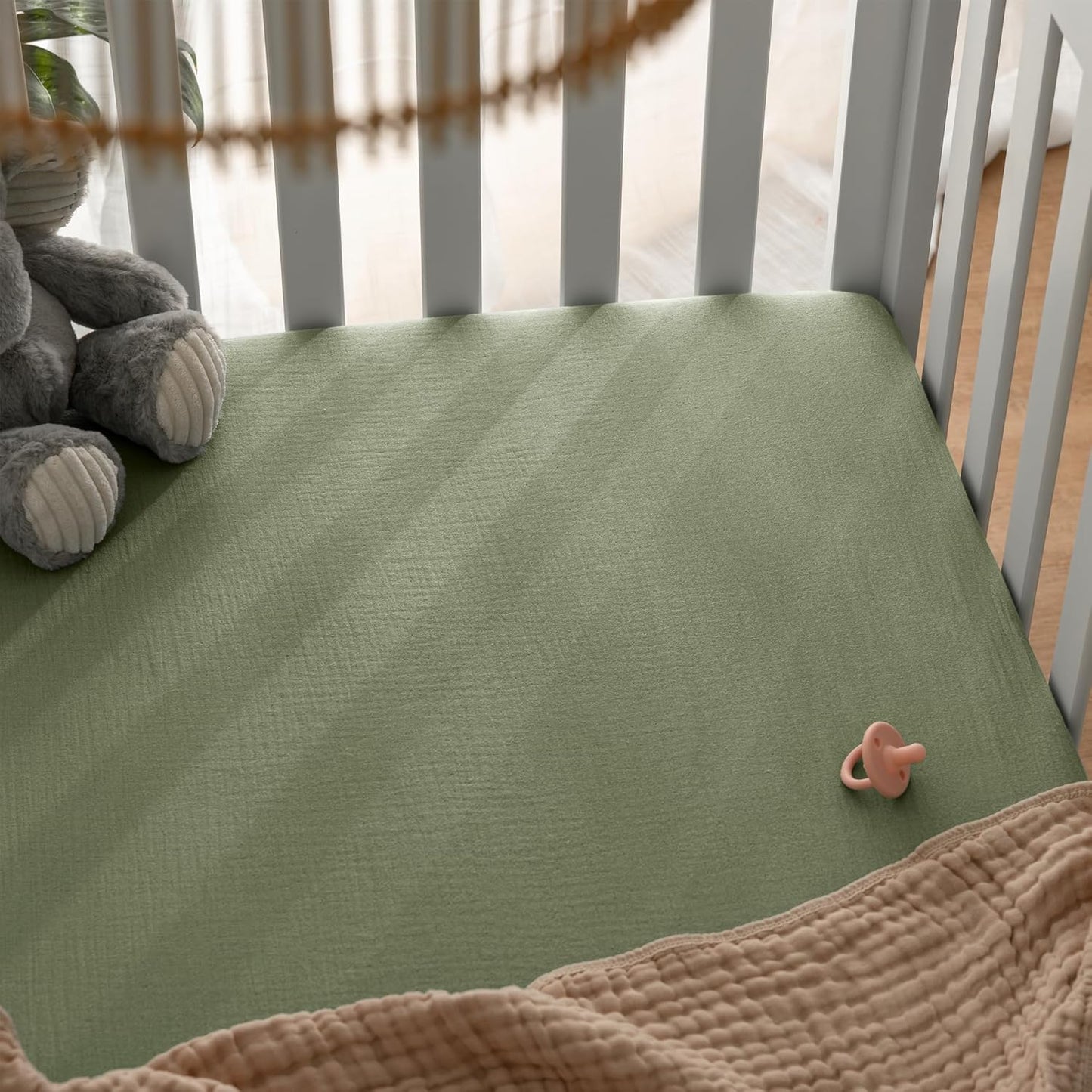 Comfy Cubs 100% Muslin Cotton Fitted Crib Sheet - Soft, Standard & Breathable Crib Sheets for Toddler Mattress - Snug Fit, Secure Elastic with Beautiful Packaging for Boys & Girls - Sage