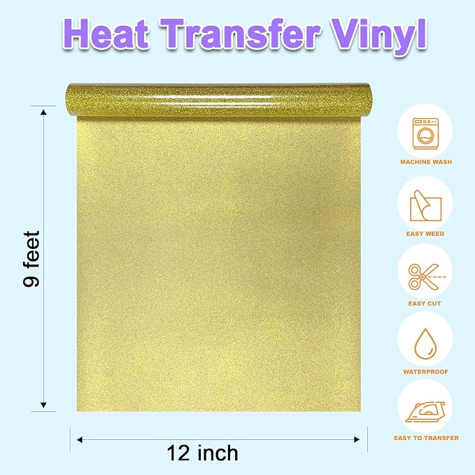 DUEUIOE Gold Glitter HTV Heat Transfer Vinyl Roll