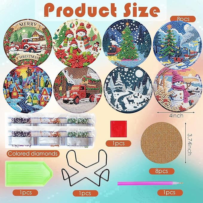 ijbnhd 8 PCS Christmas Diamond Art Coasters Kit Diamond Painting Coasters |