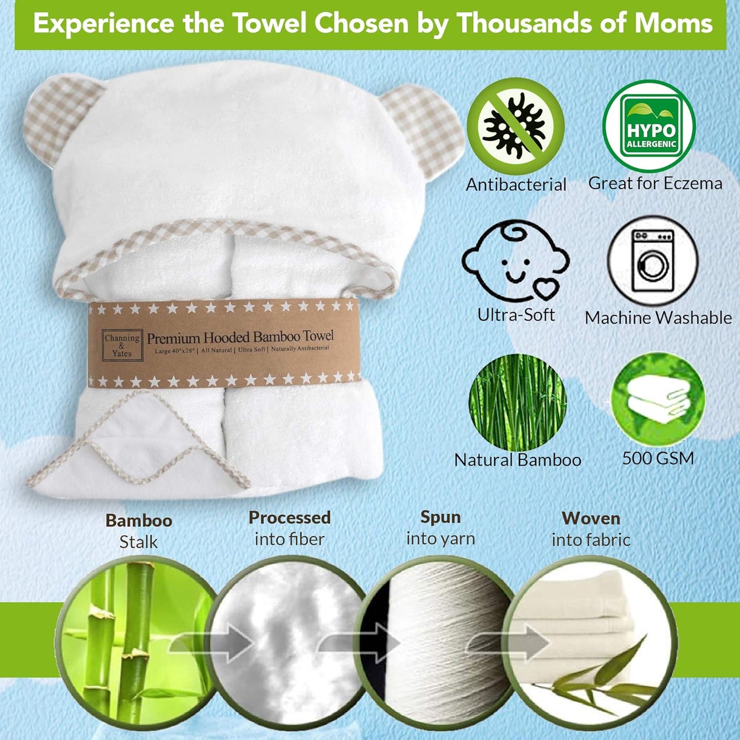 Channing & Yates Premium Boutique Hooded Baby Towels and 6 Washcloth Set - Organic Viscose Made from Bamboo Baby Towel with Hood Gift Bundle (Beige Set)