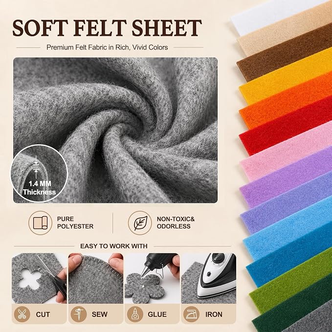 Gray Large Felt Fabric 36" x 36", 1.4 mm Soft Felt Sheet, Nonwoven Fabric