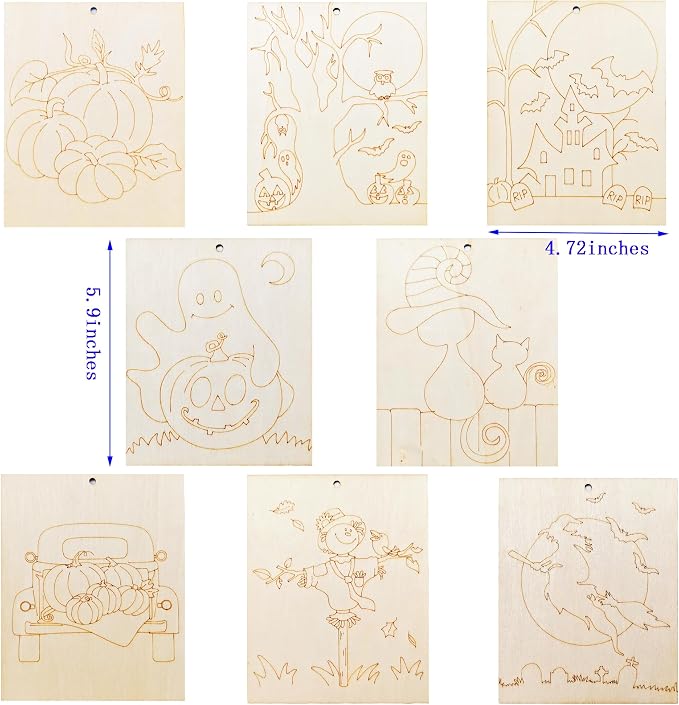 Piatoeke 16PCS 5.9×4.7in Unfinished Wooden Halloween Cutouts Board