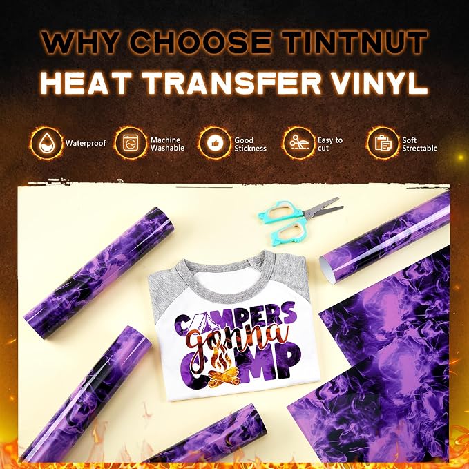 Tintnut Purple Flame Heat Transfer Vinyl, stretch washable, suitable