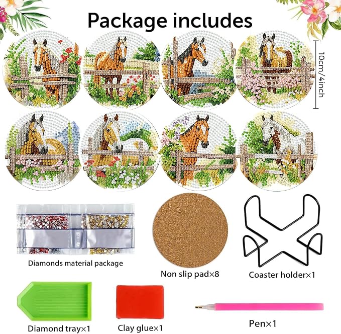 Zythron 8 Pack Horse Diamond Art Coasters, Diamond Painting Coasters Kits |