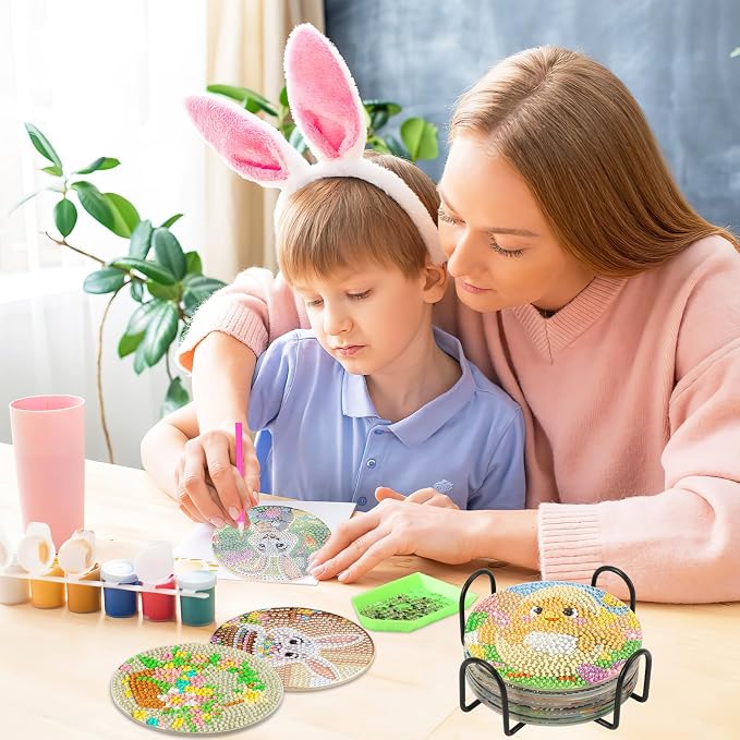 UPINS 8 Pieces Easter Diamond Art Coasters, Bunnies Diamond Art Coaster