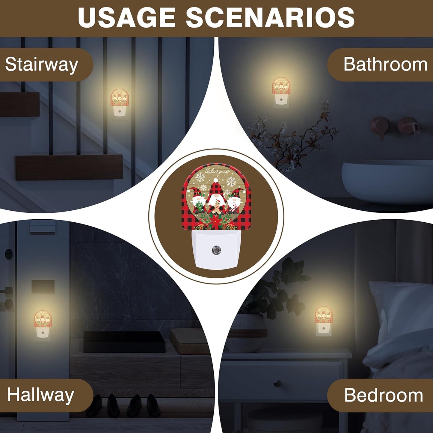 Red and Black Buffalo Plaid Night Lights Plug into Wall Christmas Gnomes Night Light Dusk to Dawn Smart Sensor Decorative Round Led Lamp for Bedroom Kitchen Hallway Nightlight for Women Men