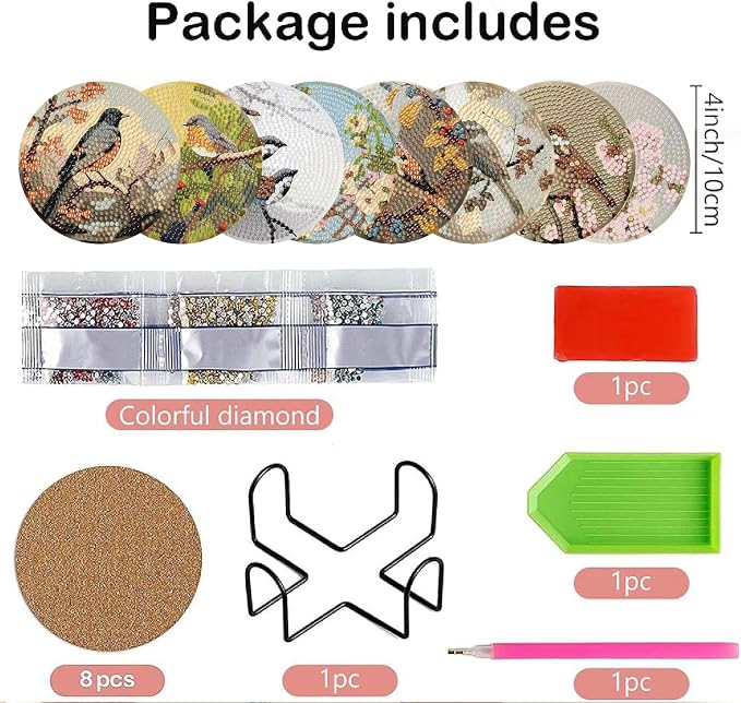 Clendo 8 PCS Bird Diamond Art Coaster Kits