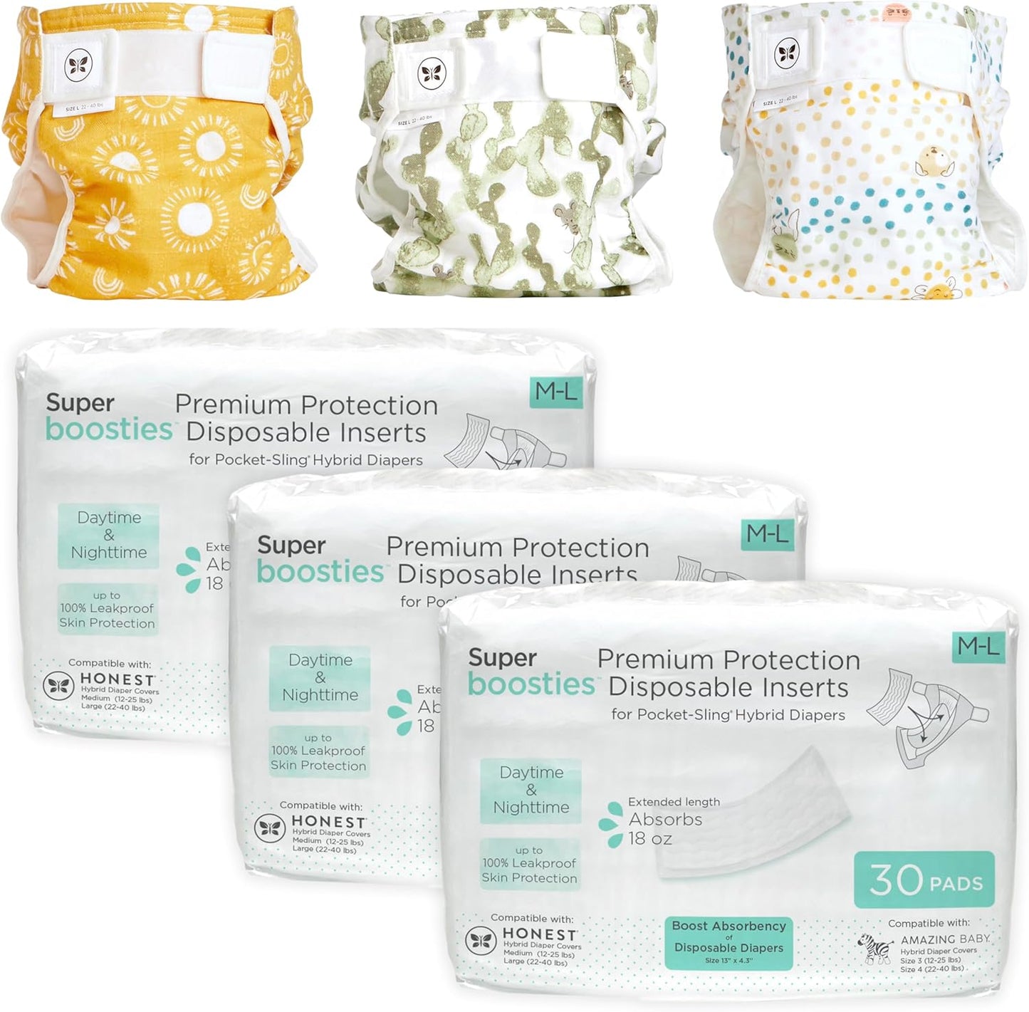 Super Boosties 90ct + Honest Hybrid Cloth Diaper Cover with Pocket-Sling, Large (22-40 lbs), Stops Nighttime Leaks, Boosties Disposable Diaper Inserts, Honest Cotton Muslin Covers, 3 Pack