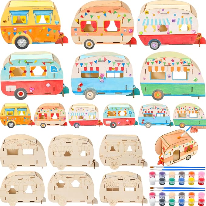 DoubleFill 12 Pack Camping Craft Kits DIY Unfinished Wooden Camper Craft Bulk