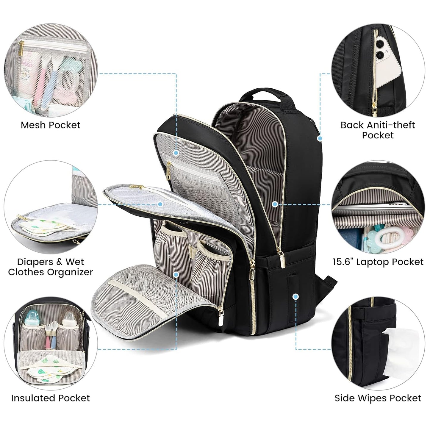 LOVEVOOK Diaper Bag Backpack with 2 Cubes, Quilted Baby Bag with Changing Pad & Pacifier Holder, Waterproof Travel Diaper Bags for Baby Boys Girls, Stylish and Large Capacity,5PCS Set, Black