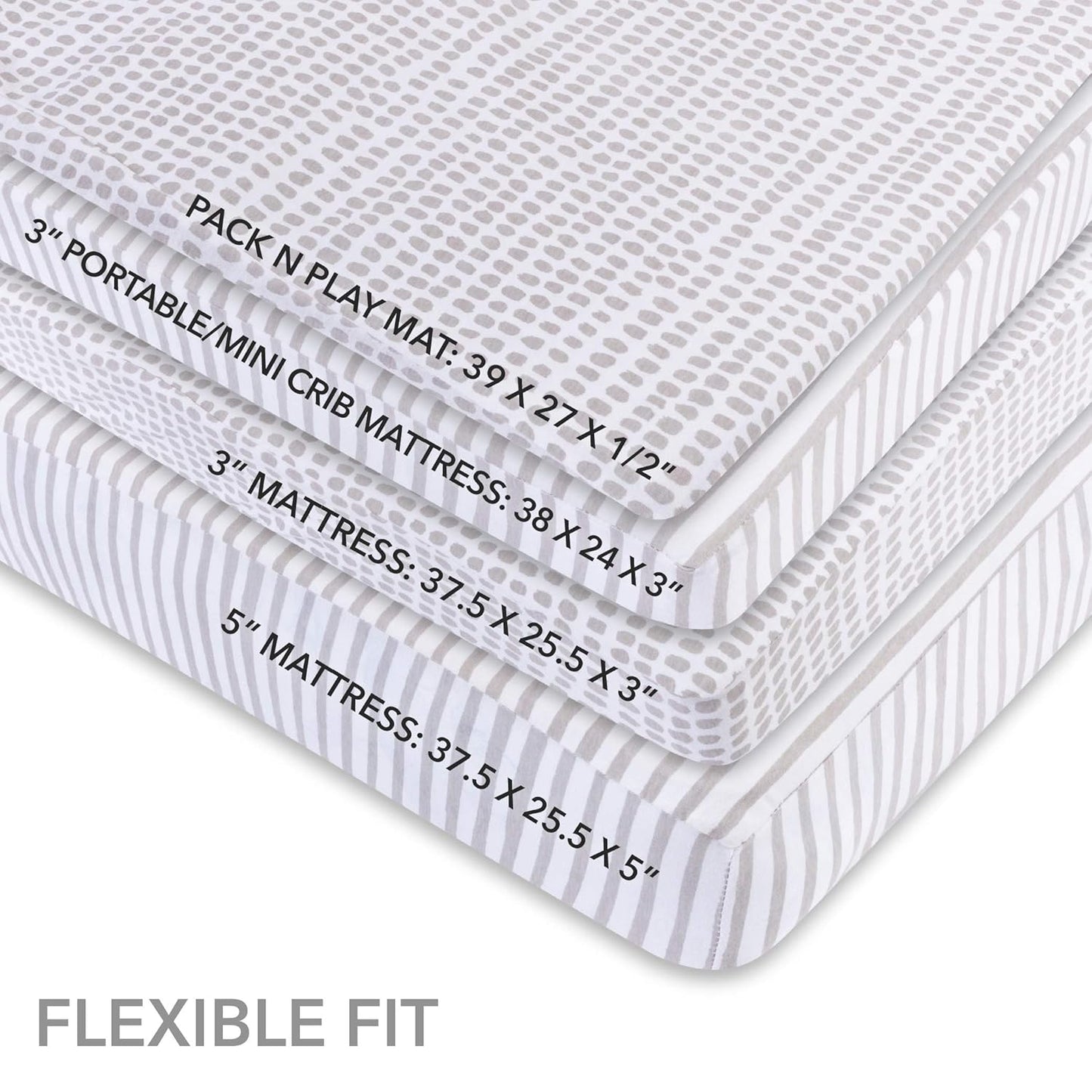 Ely’s & Co. Waterproof Pack and Play/Mini Crib Sheets – All-in-One Mattress Protector and Fitted Playard Sheets – Jersey Cotton – Grey Splash & Stripes, Gender Neutral Nursery Bedding – 2-Pack