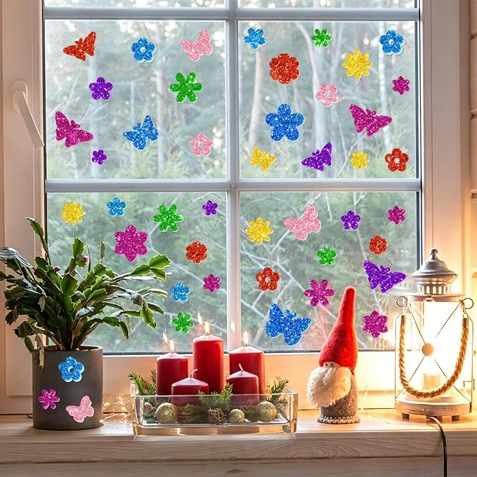512 PCS Glitter Foam Stickers, Colorful Flower & Butterfly Shapes Foam Stickers
