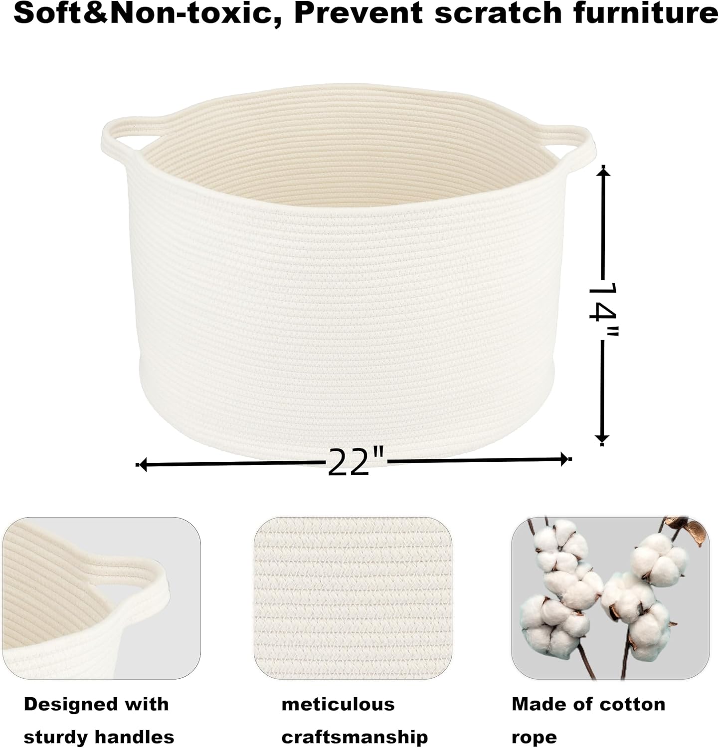 Large Cotton Rope Basket Blankets Basket Living Room 22"x14" Toy Basket for Kids and Dogs Rope Storage Basket for Nursery Woven Laundry Basket for Clothes Towels Baby Toy Storage round white