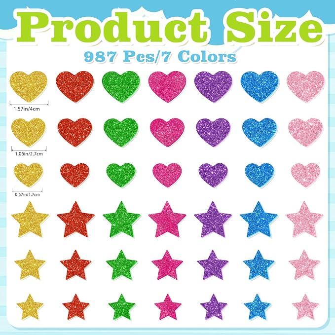 987 Pcs Glitter Foam Stickers, Heart & Star Shapes Stickers, 7 Sheets Colorful