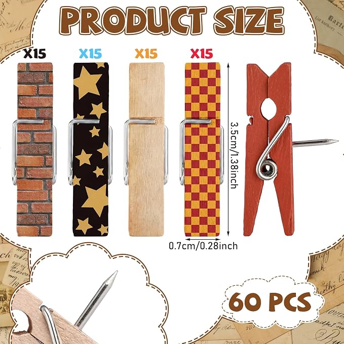LemonRoad 60 Pcs Push Pin with Wooden Clips Teacher Cork Board Artworks