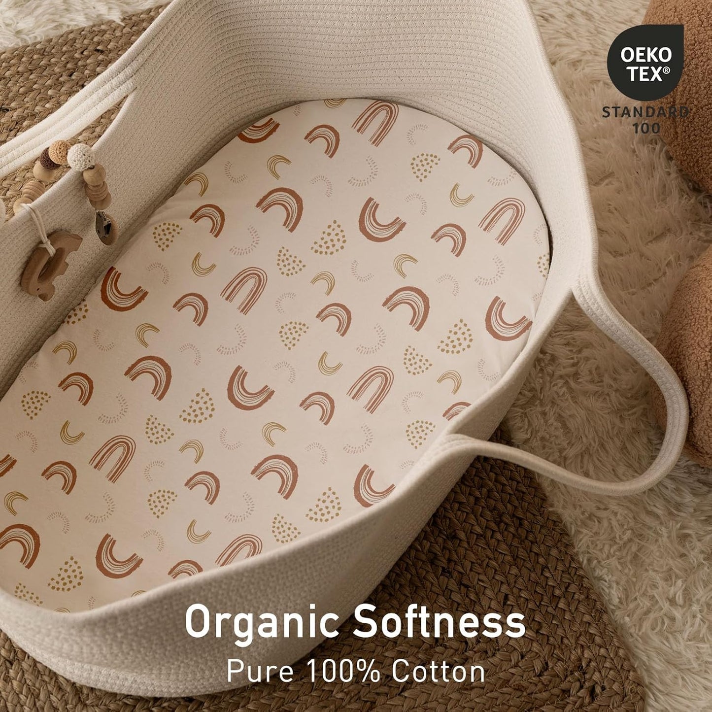 Gllquen Baby Bassinet Sheets 2 Pack, 100% Organic Cotton Bassinet Fitted Sheets for Girls Boys, Soft & Breathable Unisex Baby Mattress Sheet for Standard Bassinets 33"x17"(Khaki)