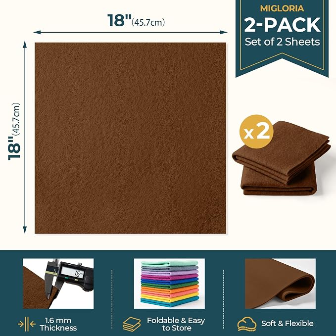 Felt Fabric Sheet 18 x 18 Inch, 1.6mm Thick | Soft and Flexible Nonwoven