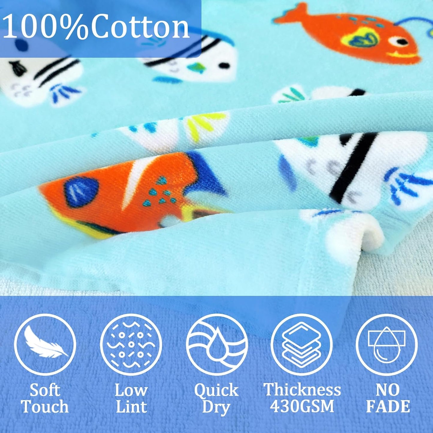 VOOVA & MOVAS Kids Beach Towels with Hood,(3-10 Years, 30''X50),Absorbent 100% Cotton Towel Wrap for Boys, Perfect for Toddler Beach, Pool, Bath, Swimming, Fish