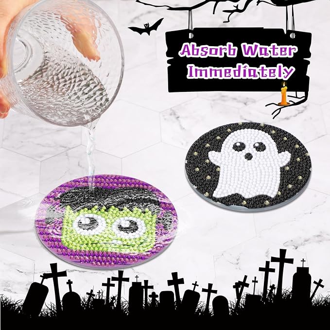 UPINS 8Pcs Halloween Diamond Art Painting Coasters Kits