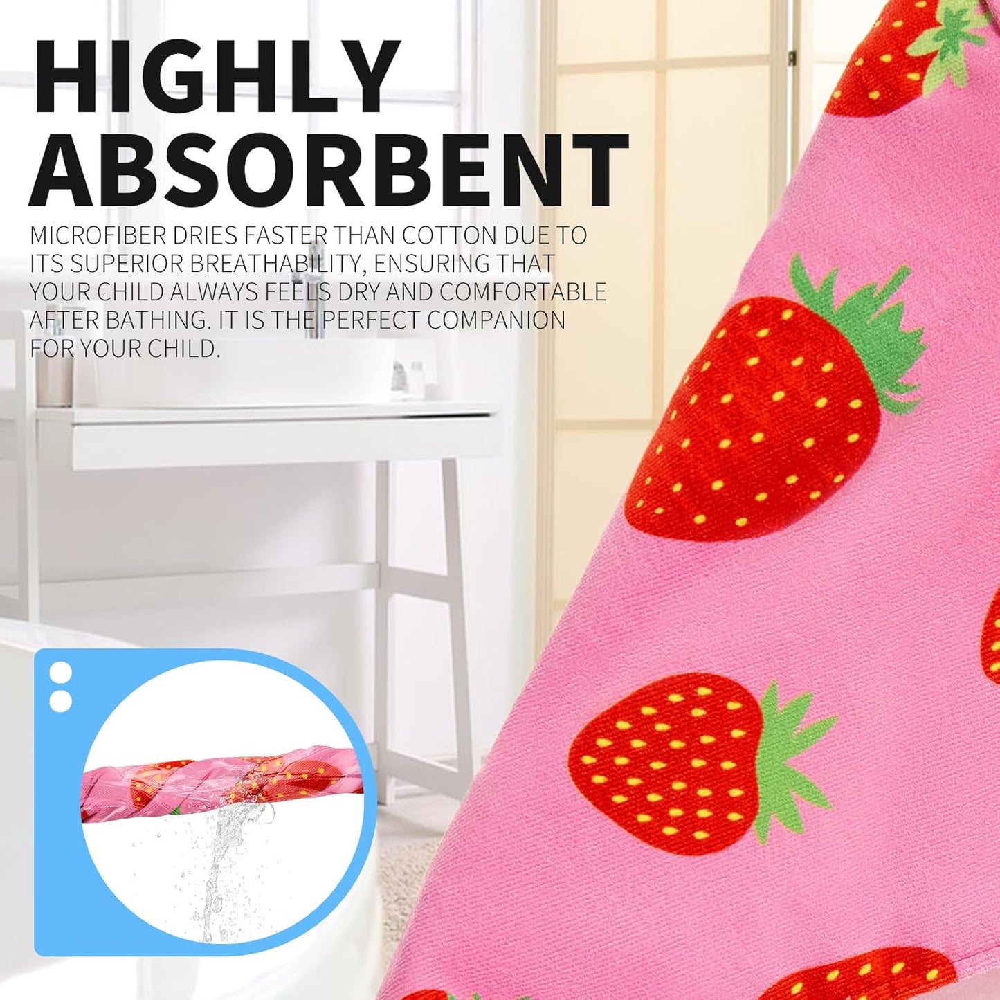 OLAOLA Strawberry Hooded Towel for Kids 3-12 Years, 28" x 53" Soft Thick Absorbent Beach Towels, Toddler Bath Towel Wrap Swim Pool Towels Poncho for Boys Girls