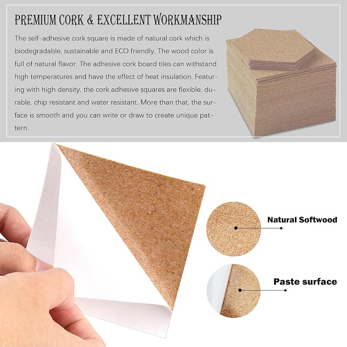Self-Adhesive Cork Square, Allazone 120 Pack 10 x 10CM Cork Backing Sheets