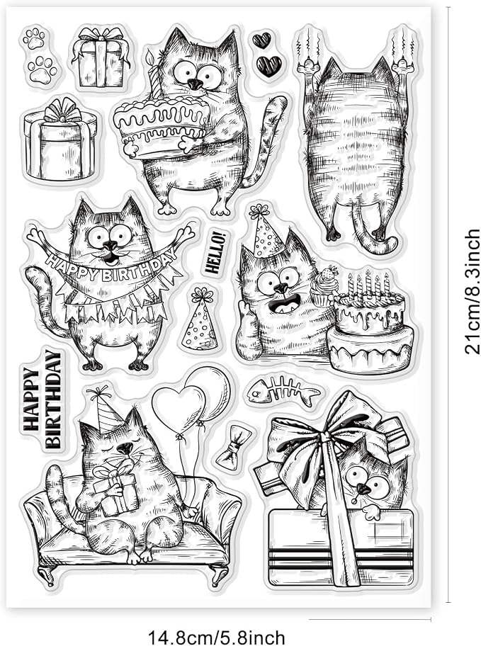 GLOBLELAND 8.3×5.8in Birthday Cats Animal Clear Stamp Sofa Cat Birthday Cake