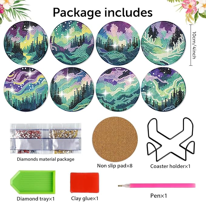 8 Pack Diamond Art Coasters, Northern Lights Diamond Painting Coasters Kits |