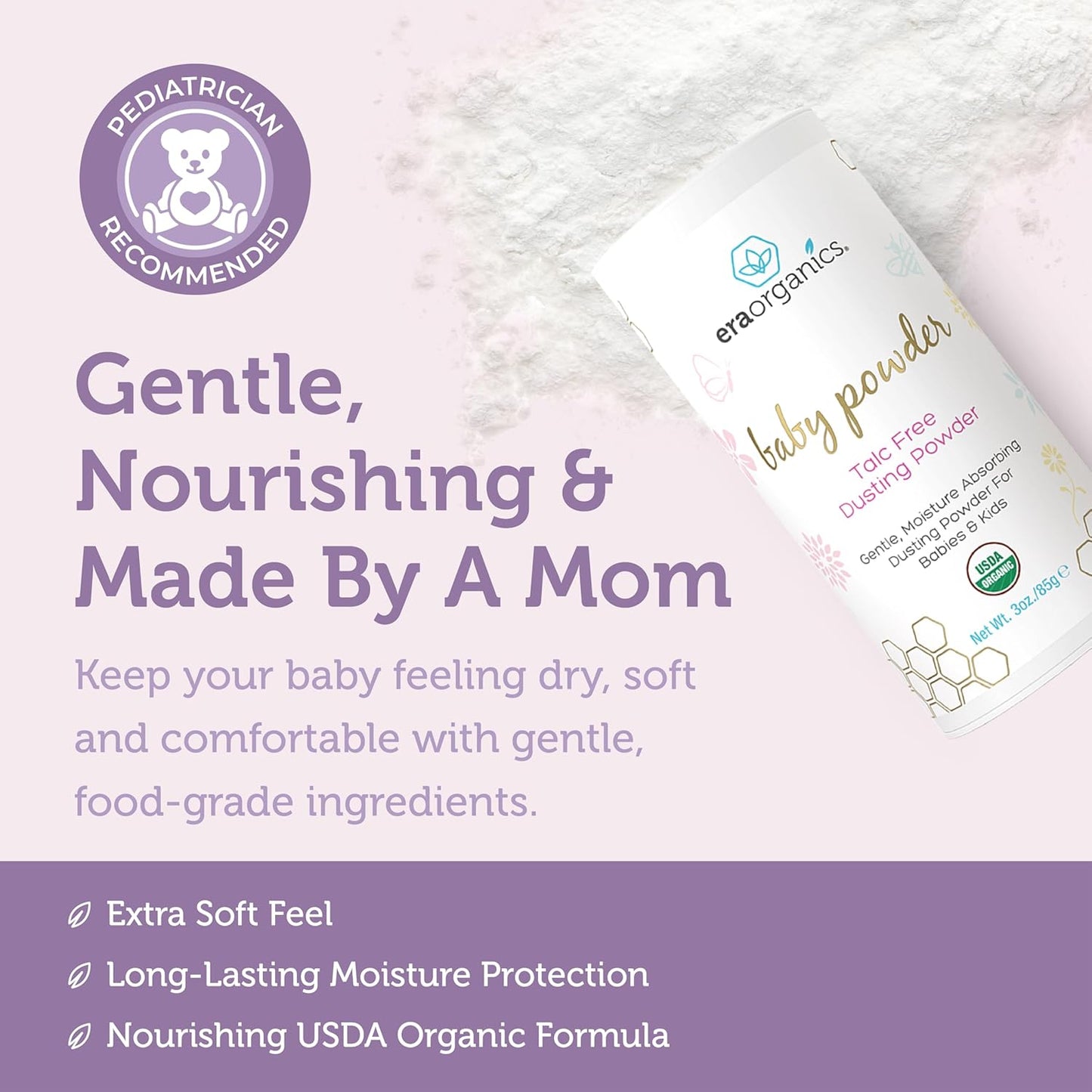 Era Organics Talc-Free Organic Baby Powder - USDA Organic Dusting Powder with Arrowroot, Calendula and Cornstarch for Newborns, Babies or Toddlers - Soothing, Fragrance Free, Made in USA (3oz/85g)