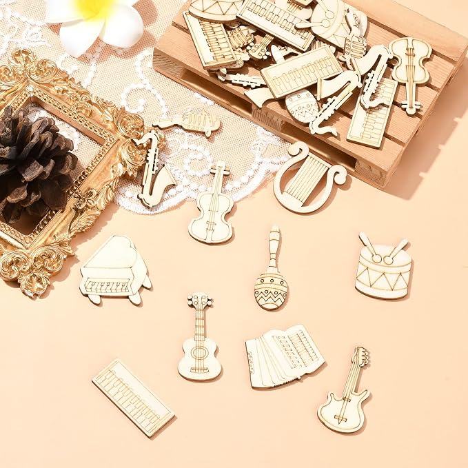 200 pcs Mixed Styles Instrument Theme Unfinished Wood Cutout Charms Music