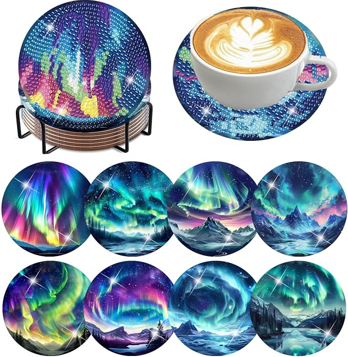 8 Pack Diamond Art Coasters, Northern Lights Diamond Painting Coasters Kits |