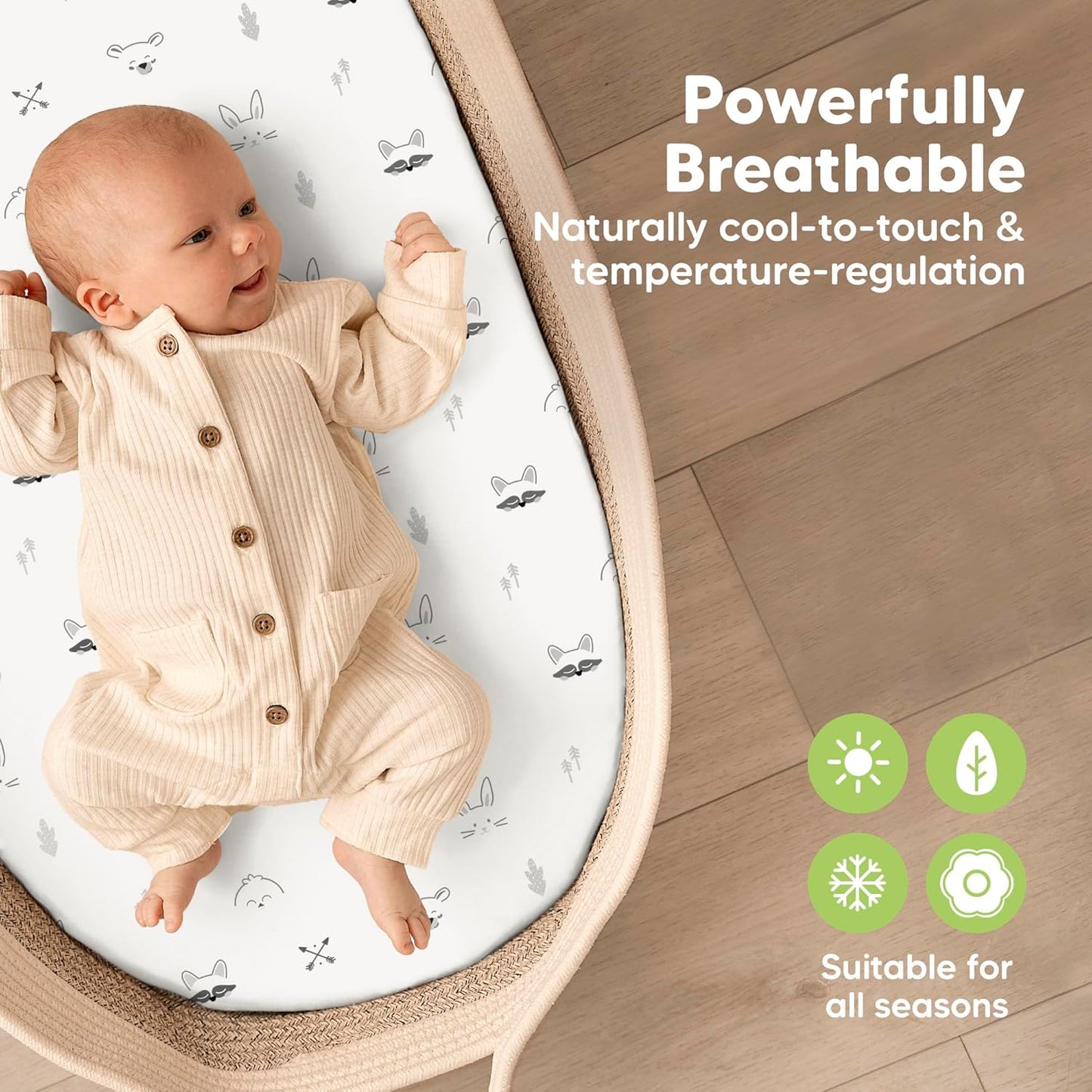 2-Pack Baby Bassinet Sheets Girl, Boy - 33x17 Viscose Derived from Bamboo Bedside Mattress Fitted Bassinet Sheets, Compatible with Halo Bassinest Swivel Sleeper, Baby Delight, Graco (Nordic)