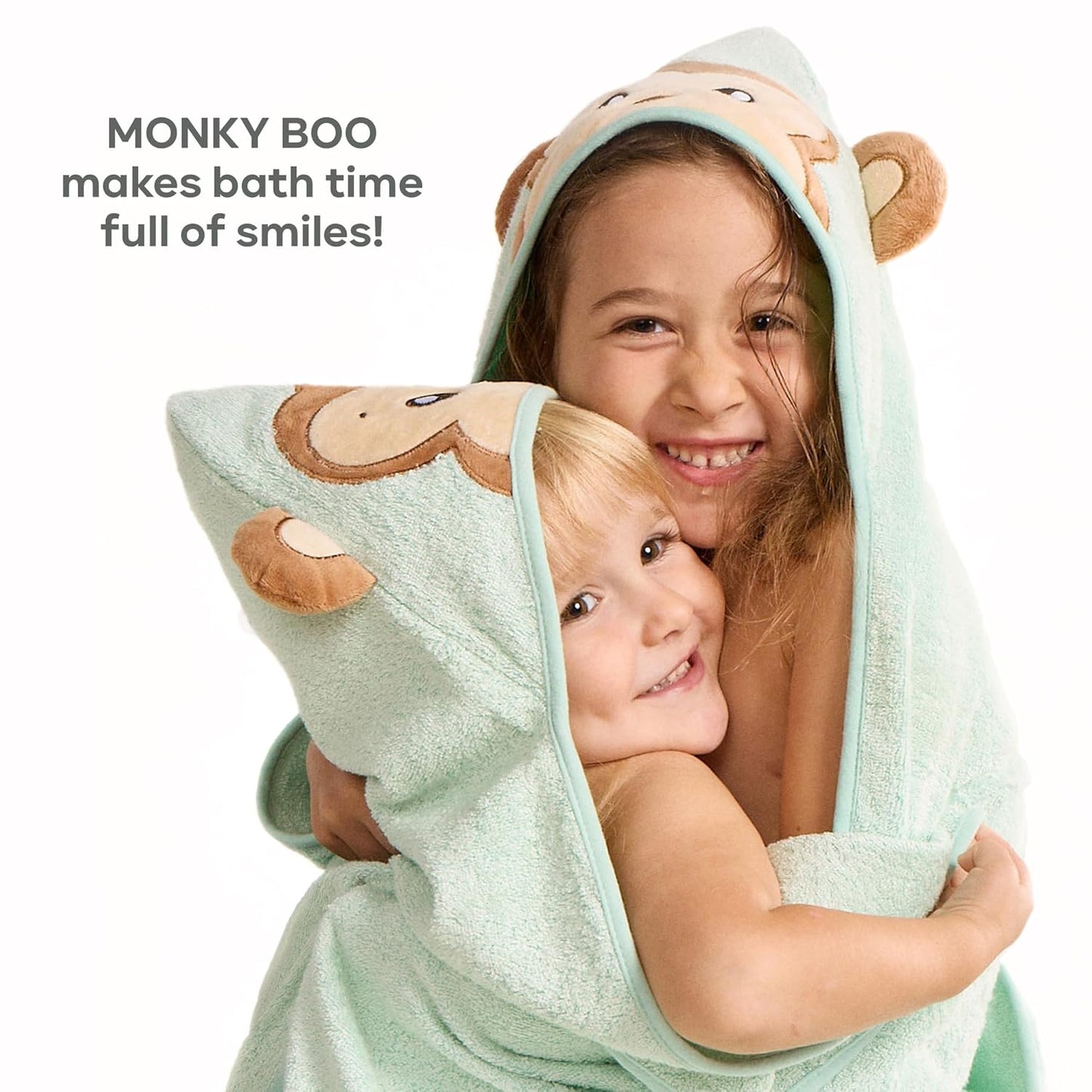 Bamboo Baby Towels with Hood – Mint Green 35x35” | Ultra-Soft Rayon from Bamboo & Cotton Bath Wrap | Adorable Monkey Hood for Newborns, Infants & Toddlers for Boys & Girls