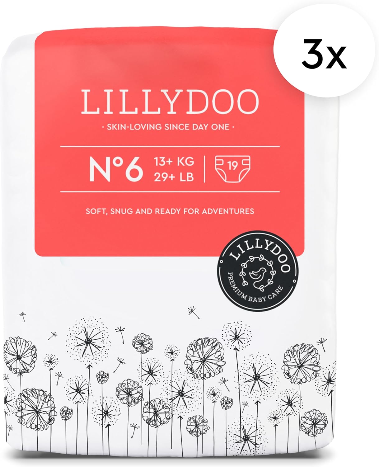 LILLYDOO Baby Diapers - Size 6 (29+ lbs), Half-Monthly Supply (57 Count), Leak Protection, Skin-Friendly, Ultrasoft, Perfume- & Chlorine-Free, Hypoallergenic, Dermatologist Tested, Oeko-TEX®